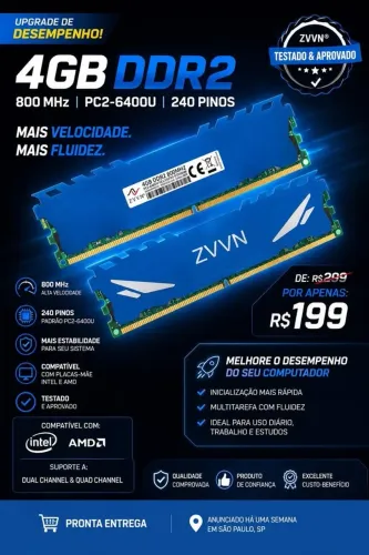 2 pente de memória RAM DDR2 de 4 GB & 800 MHz PC2-6400U 240 pinos (da marca ZVVN®) testado