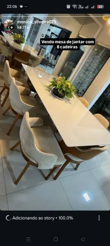 Mesa de jantar com 8 cadeiras 1,10x2,20 madeira maciça e tampo de vidro no off white