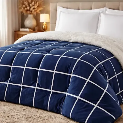 Coberdrom Casal Azul Quadriculado Dupla Face Sherpa Ultra Macio