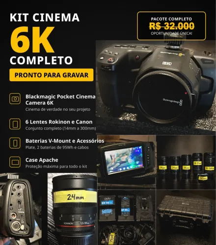 Câmera Blackmagic Pocket 6K + 6 Lentes EF + Baterias V-Mount + Case