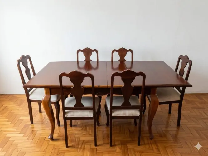Conjunto de mesa de jantar e cadeiras estilo manuelito