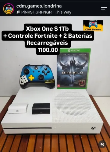 Xbox One S 1Tb + Controle Fortinite + 2 Baterias Recarregáveis 1100.00 