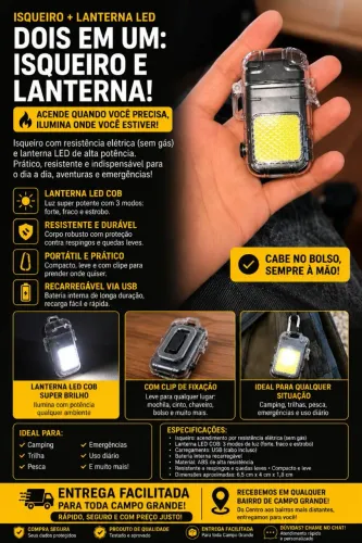 Isqueiro com Resistência + Lanterna LED COB Recarregável USB | Compacto e Portátil