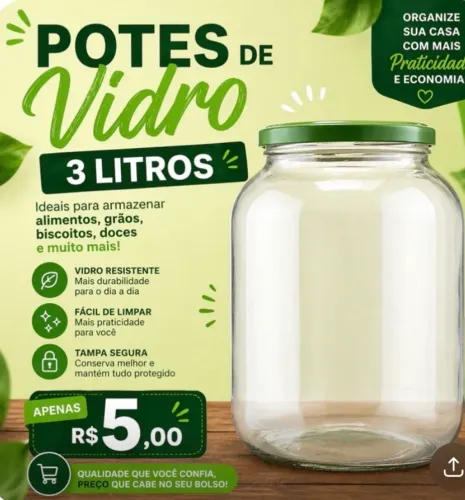 Potes de vidro 3 litros com tampa de metal