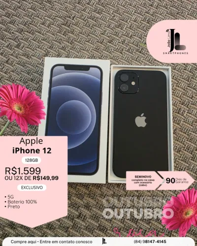 IPHONE 12, 5G, 128GB, PRETO, BAT 100%, SEMINOVO, EXCLUSIVO!