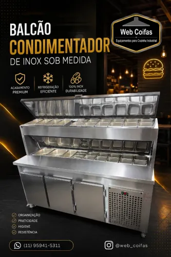 Balcão Condimentador refrigerado em aço inox, direto da fábrica, (Faça um orçamento)