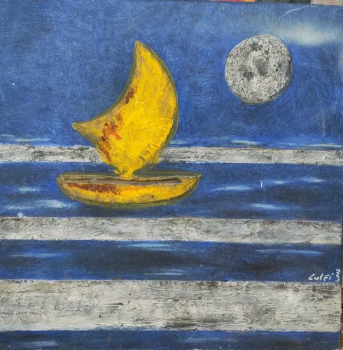 Tela a Óleo e Textura - Título  "Barco Amarelo e Lua no Mar Azul" 