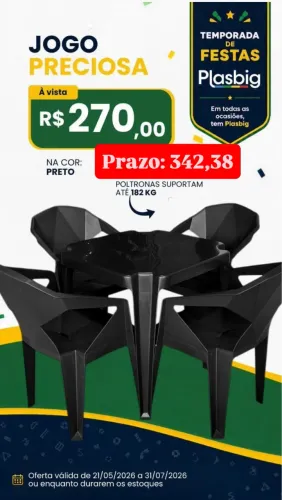 Jogo de Mesa Preciosa com 4 Poltronas - Preto | Suporta até 182 kg