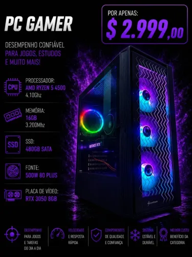 PC Gamer Ryzen 5 4500 4.1Ghz / Mem 16Gb / SSD 480Gb / RTX 3050 8Gb (aceito cartão)