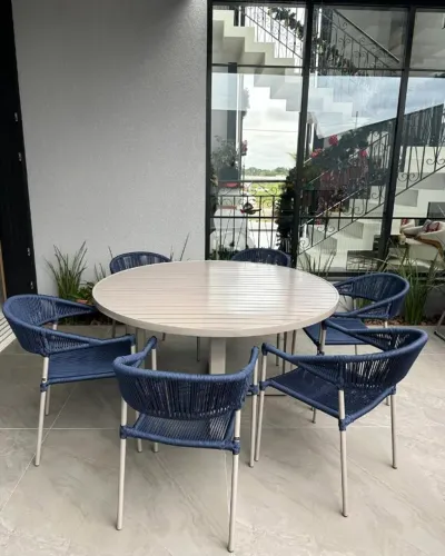 CJ MESA DE ALUMINIO RIPADO + 6 CADEIRAS DE CORDA NÁUTICA
