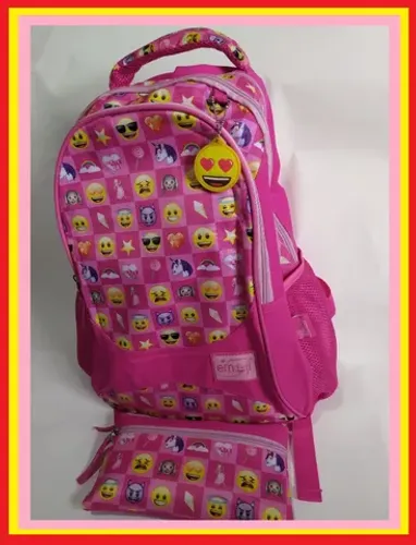 R$49,99 kit mochila infantil escolar + estojo + chaveiro emoji rosa novo 40x30x21cm