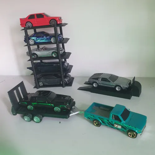 Kit acessórios diorama Hot Wheels: Carreta reboque + Dinamômetro + Elevacar 5 andares