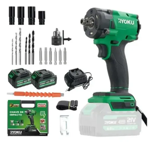 Chave De Impacto Ryoku 21v Brushless Com 2 Baterias Sem Escova