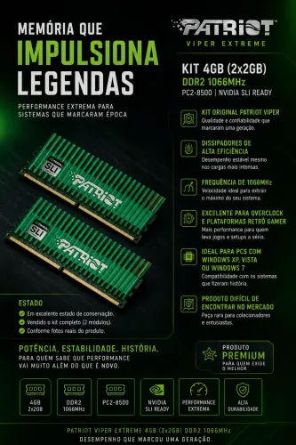 Kit Memória Patriot Viper Extreme 4GB (2x2GB) DDR2 1066MHz PC2-8500 | NVIDIA SLI Ready