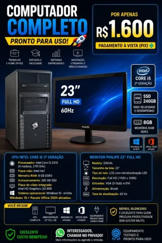 PC Intel Core i5 (2ª Geração) | SSD 240 GB com 8 GB de RAM | Windows 10