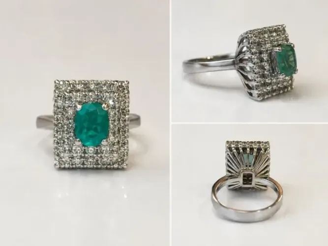 Anel em Ouro Branco 18K com Esmeralda Natural e Diamantes, Certificado, Esmeralda de 1,02