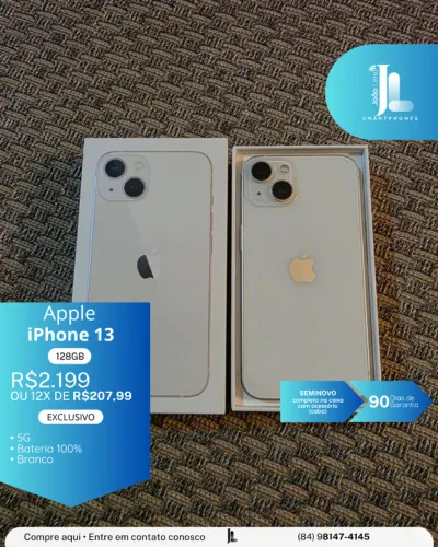 IPHONE 13, 5G, 128GB,  BRANCO, BAT 100%, SEMINOVO, EXCLUSIVO!