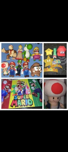 Kit c 10 personagens super Mário medindo entre 25cm a 18cm +banner 1m x 0,90+ enfeites