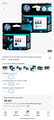 02 unidades de cartuchos Hp para impressora n 664