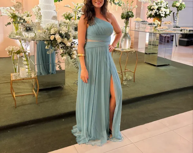 Vestido Longo de Festa SHEIN | Turquesa com Brilho | Um Ombro Só | Tam. M