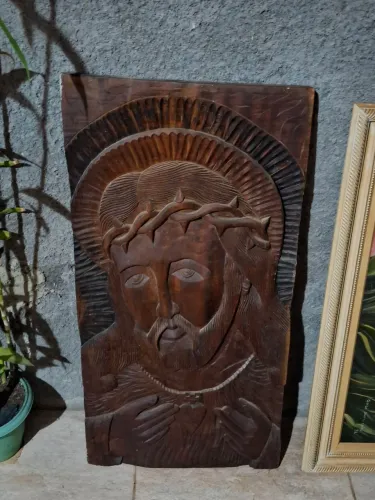 Quadro / Painel Esculpido em Madeira - Rosto de Jesus Cristo (Arte Sacra Entalhada)