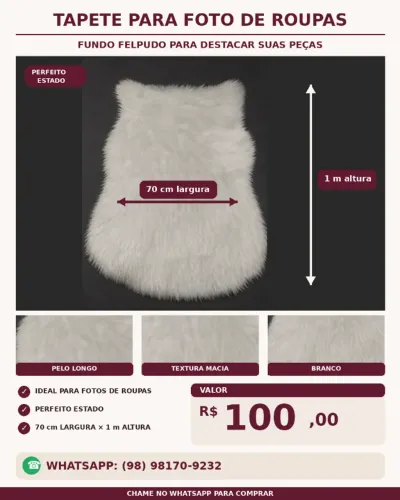 TAPETE FELPUDO BRANCO ALTURA 1M X 0,70CM DE LARGURA
