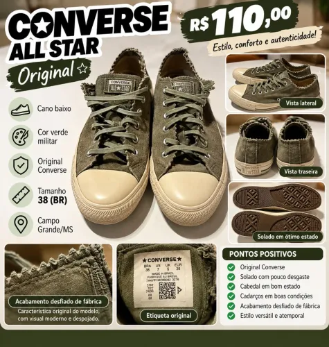 Tênis Converse All Star Original Verde Militar Nº 38 Cano Baixo