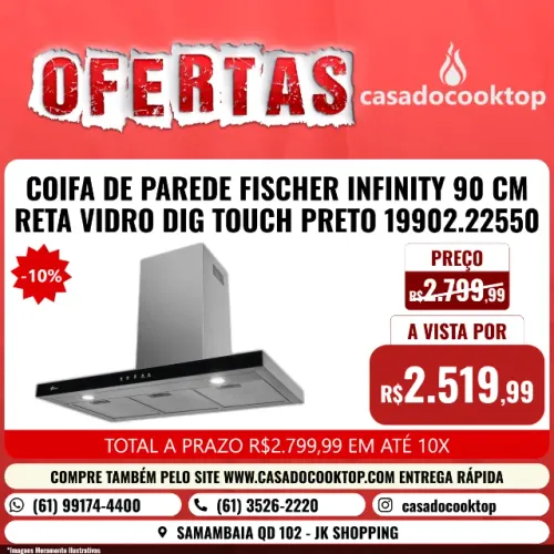 COIFA DE PAREDE FISCHER INFINITY 90 CM RETA VIDRO DIG TOUCH PRETO 19902.22550