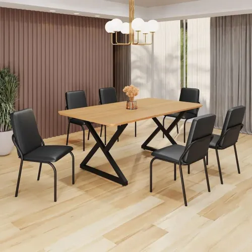 Mesa Sala de Jantar 6 Cadeiras 160x90 Tampo MDF Com Base em Aço Malibu <br>
