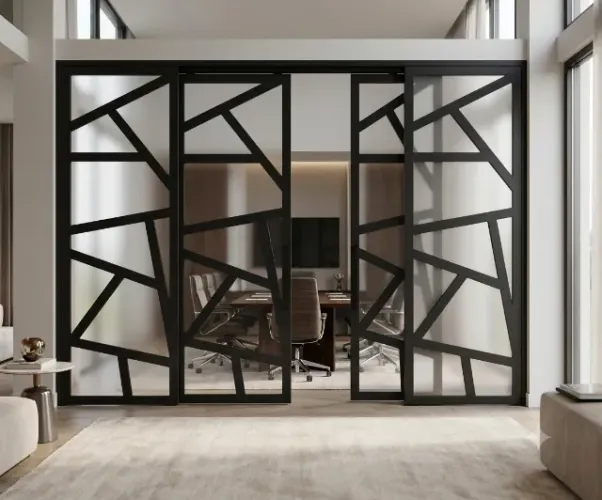 Porta Divisória em Metalon Preto e Vidro (4 Folhas - Design Moderno/Industrial)
