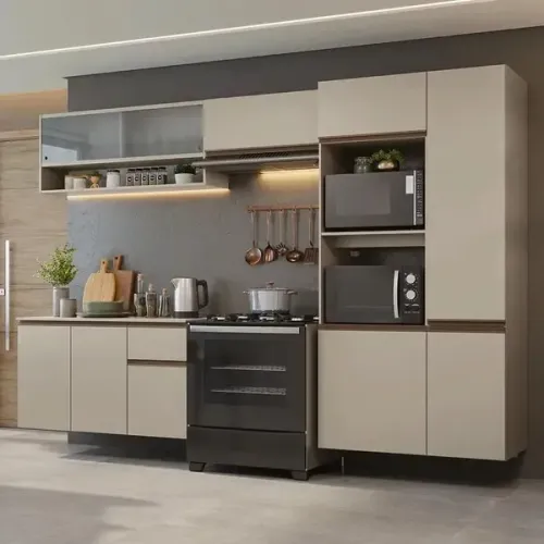 Armário de Cozinha Completa 300 cm Suspenso Crema Nice Madesa 06 XL