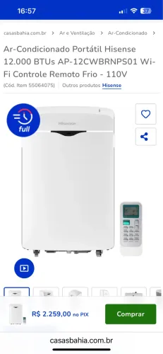 Ar-Condicionado Portátil Hisense 12.000 BTUs Wi-Fi - 110V