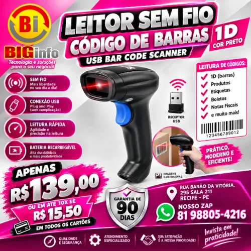 Leitor de Codigo de barras S/ Fio ideal para lojas e mercados! Em ate 10x Fixas 