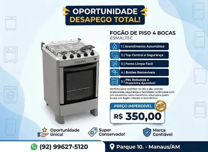 Fogão Esmaltec Ágata 4 Bocas Inox