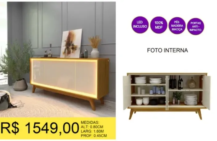 APARADOR BUFFET COM LED 100% MDF A PRONTA-ENTREGA