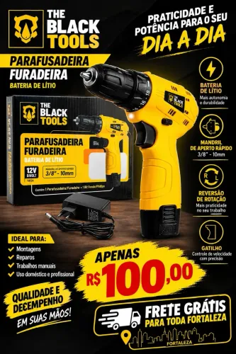Parafusadeira Furadeira 12V The Black Tools Bateria de Lítio + Carregador