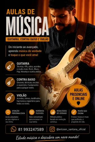 Aulas de guitarra, contra baixo e violão online e presencial