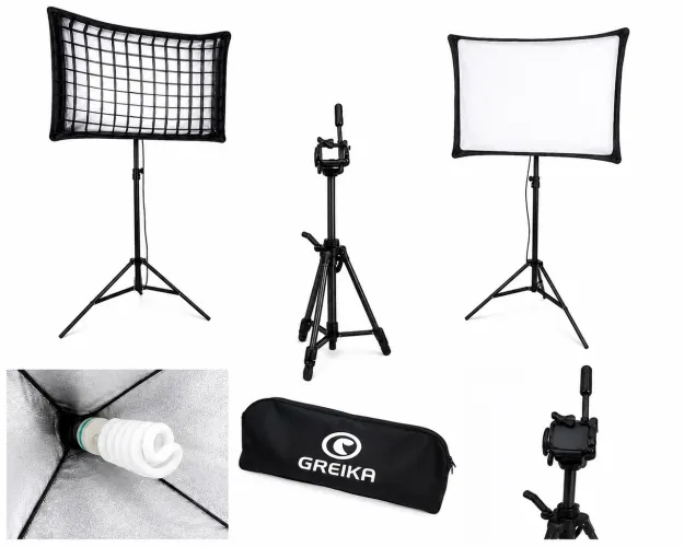 Kit Iluminação Greika 2 Softbox + Tripés + Grade Colmeia