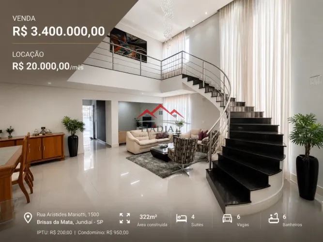 Casa de Alto Padrão com 4 Suítes à Venda e Locação no Brisas da Mata - Jundiaí SP