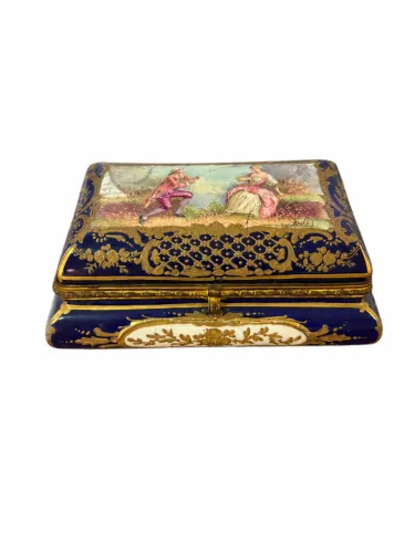 Antigo Porta-Joias em Porcelana Azul Cobalto com Detalhes Dourados - Peça de Coleção