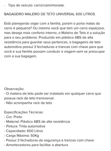 Bagageiro Maleiro de teto 600lts semi novo