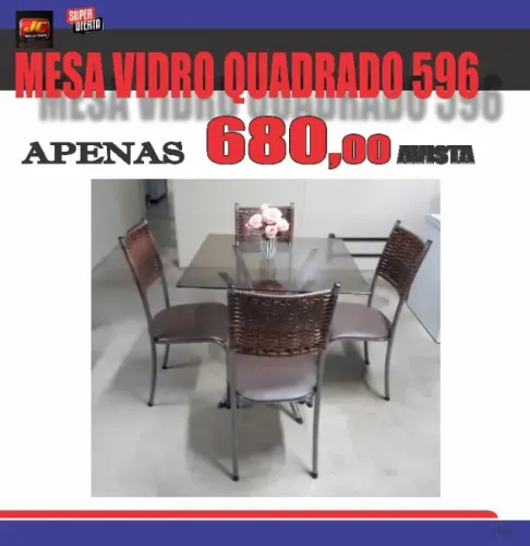 MESA 4 CADEIRAS QUADRADA DE VIDRO