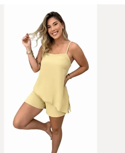 conjunto alfaiataria amarelo manteiga camiseta e short
