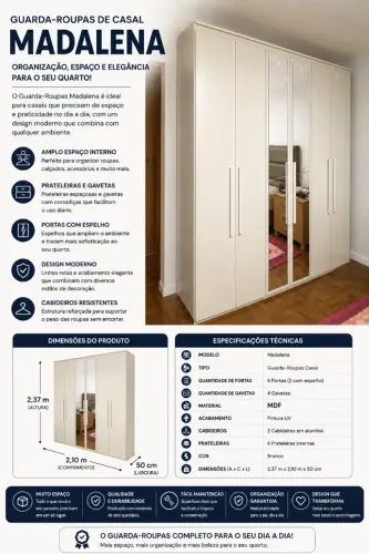 Guarda-Roupa Casal Madalena 6 Portas com Espelhos - 100% MDF | Apenas 7 Meses de Uso