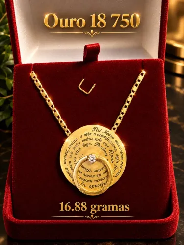 Cordão de ouro 18k + pingente giratório do pai nosso em ouro 18k