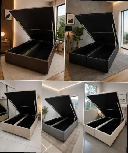Cama box estruturada Baú Queen 1.58x1.98 Bipartido Blindado com Pistão a Gás