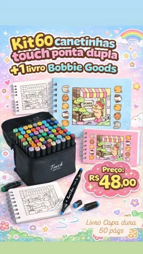 Kit 60 canetinhas ponta dupla + 1 livro Bobbie Goods 
