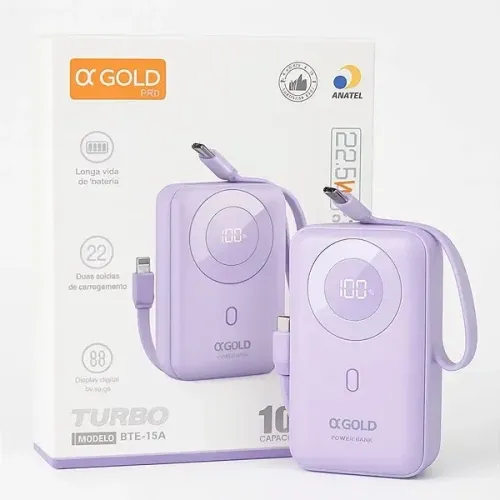 Carregador Portátil Power Bank 10.000mAh com Cabo Tipo C e iPhone, 22.5W PD, Lilás 