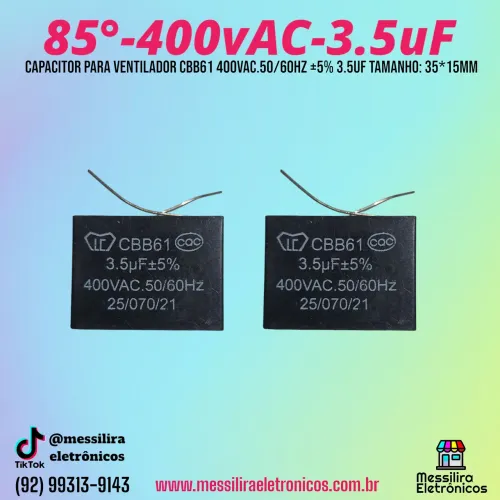 Kit 2 Unidades Capacitor 3.5µF 400VAC 50/60Hz CBB61
