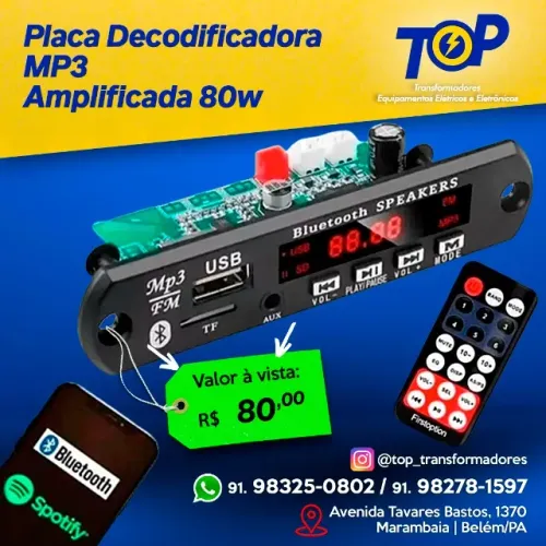 placa mp3 decodificadora amplificada 80rms 2 canais